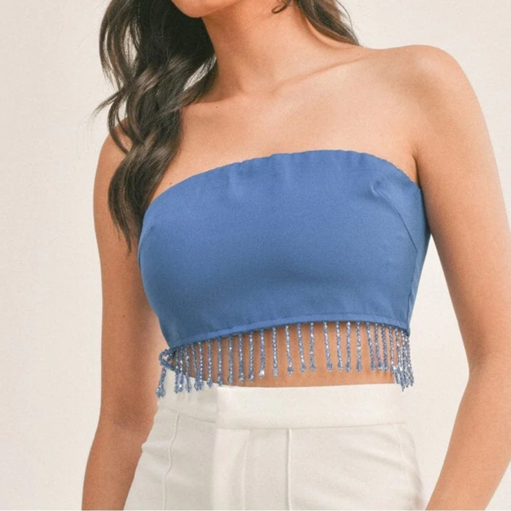 Elegant Blue Strapless Beaded Fringe Top